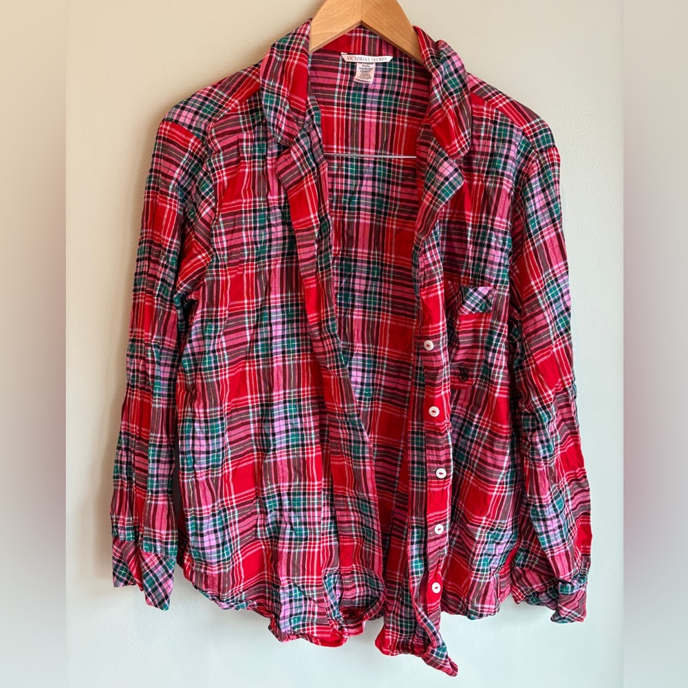 Victoria's Secret Pajama Top Button‎ Up Shirt Womens Red Plaid Size Large